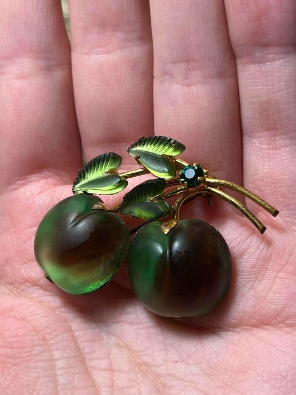 Vintage Austrian double frosted poured glass green-red cherry rhinestone brooch